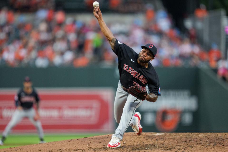 Jun 26, 2024; Baltimore, Maryland, USA; Cleveland Guardians pitcher Xzavion Curry (44) throws a pitch during the seventh inning against the Baltimore Orioles at Oriole Park at Camden Yards. Mandatory Credit: Reggie Hildred-USA TODAY Sports