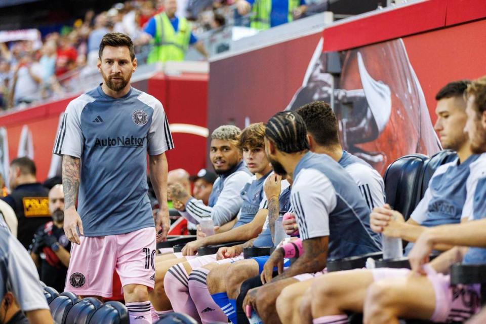 Inter Miami forward Lionel Messi (10) looks on before the start of a MLS match against New York Red Bulls at Red Bull Arena on Saturday, Aug. 26, 2023, in Harrison, N.J.