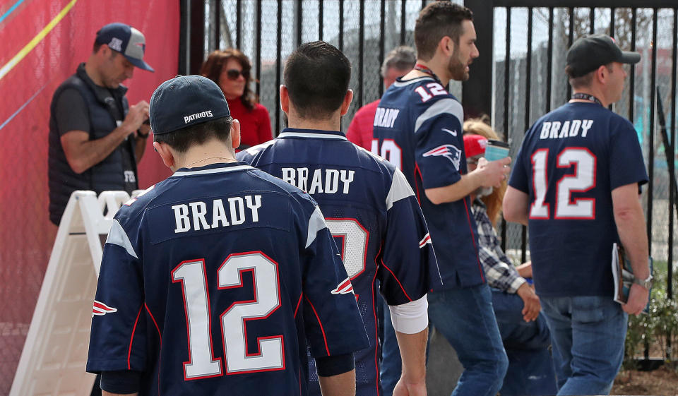 HOUSTON - FEBRUARY 5: Before the gates opened to the fans, a multitude of Tom Brady jersey wearing men arrived together.    The Atlanta Falcons play the New England Patriots in Super Bowl LI at NRG Stadium in Houston on Feb 5, 2017. (Photo by Jim Davis/The Boston Globe via Getty Images)