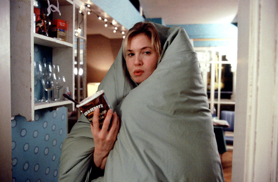 Bridget Jones eating ice cream straight out of the tub