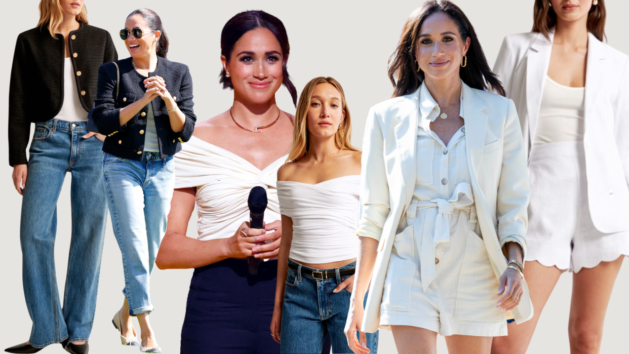 collage of meghan markle outfits and matching abercrombie looks