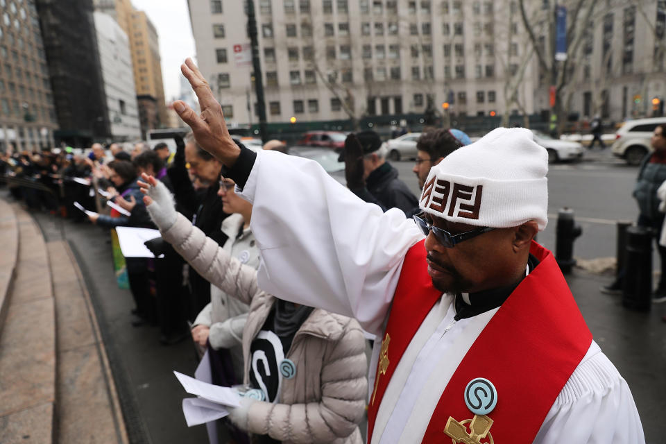 <p>Hundreds of immigration activists, clergy members and others participate in a protest against President Trump’s immigration policies in front of the Federal Building on Jan. 11, 2018 in New York City. (Photo: Spencer Platt/Getty Images) </p>