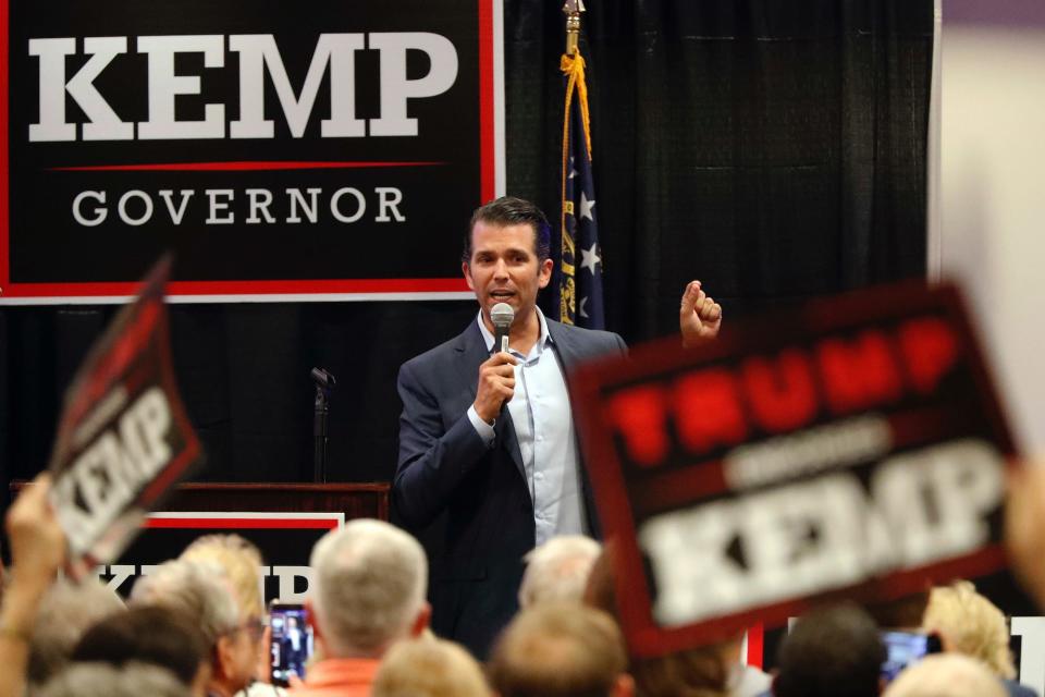 Donald Trump Jr., speaks during a campaign event of Republican nominee for Georgia Gov. Brian Kemp Tuesday, Oct. 9, 2018, in Athens, Ga.