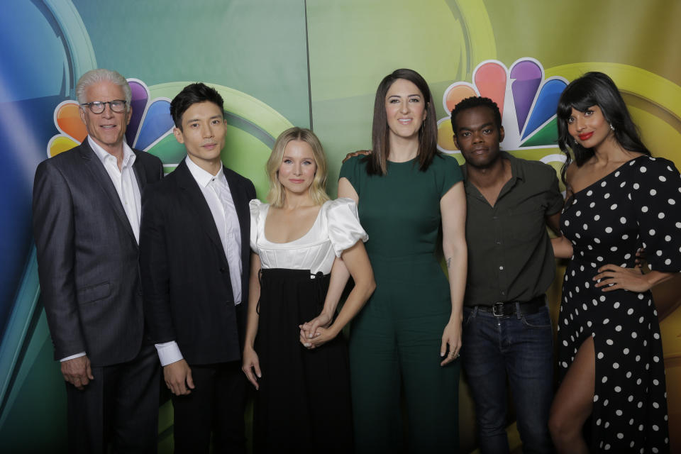 NBCUNIVERSAL EVENTS -- NBCUniversal Press Tour, August 2019 -- NBC's, "The Good Place" -- Pictured: (l-r) Ted Danson, Manny Jacinto, Kristin Bell, D'Arcy Carden, William Jackson Harper, Jameela Jamil -- (Photo by: Chris Haston/NBC/NBCU Photo Bank via Getty Images)