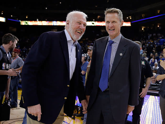 Gregg Popovich and Steve Kerr peel off some Mort Sahl bits. (Getty Images)