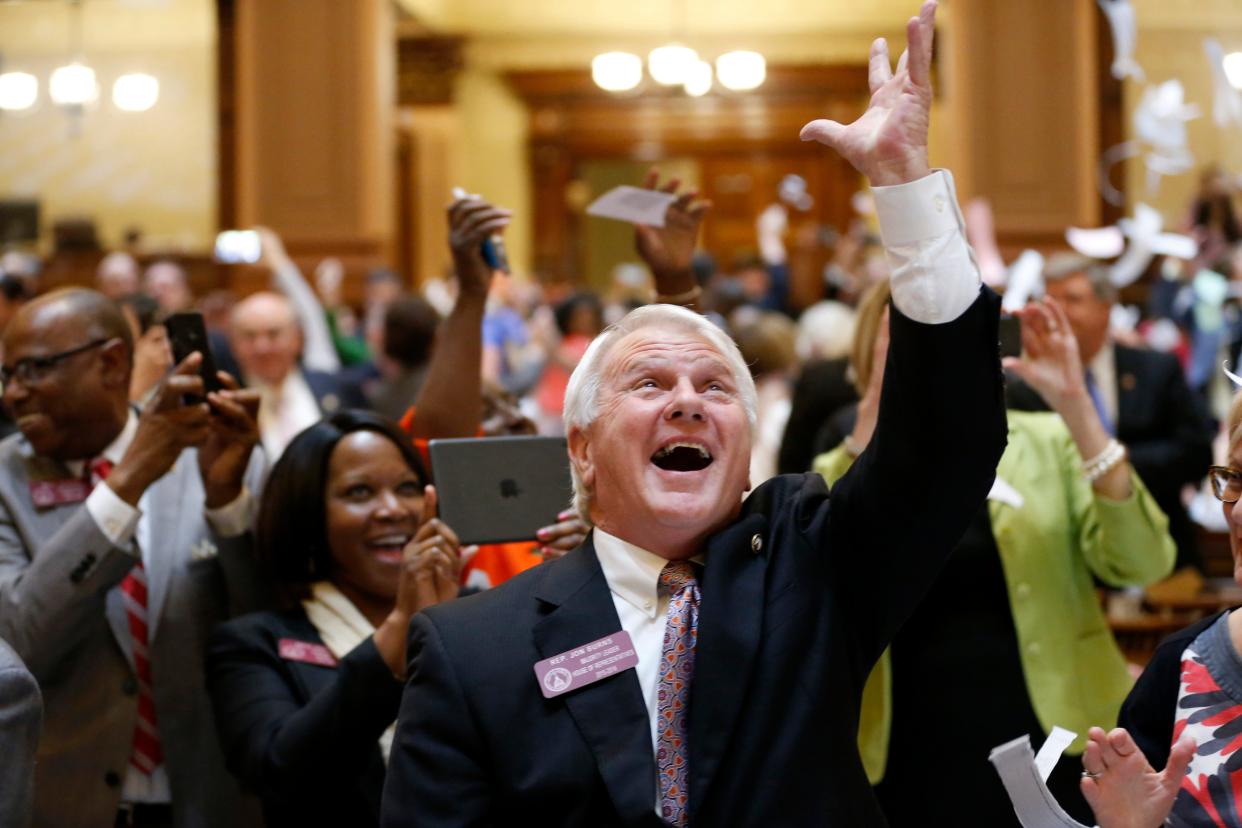 House majority leader Jon Burns, R-Newington, celebrates the conclusion of the final day of the Georgia General Assembly at the capitol in Atlanta on Friday, March 25, 2016.