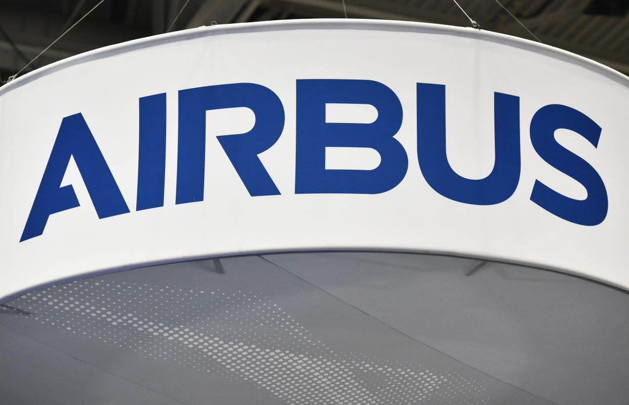 The Airbus logo is seen at its stand during the the 70th annual International Astronautical Congress at the Walter E. Washington Convention Center in Washington, DC on October 22, 2019. (Photo by MANDEL NGAN / AFP) (Photo by MANDEL NGAN/AFP via Getty Images)