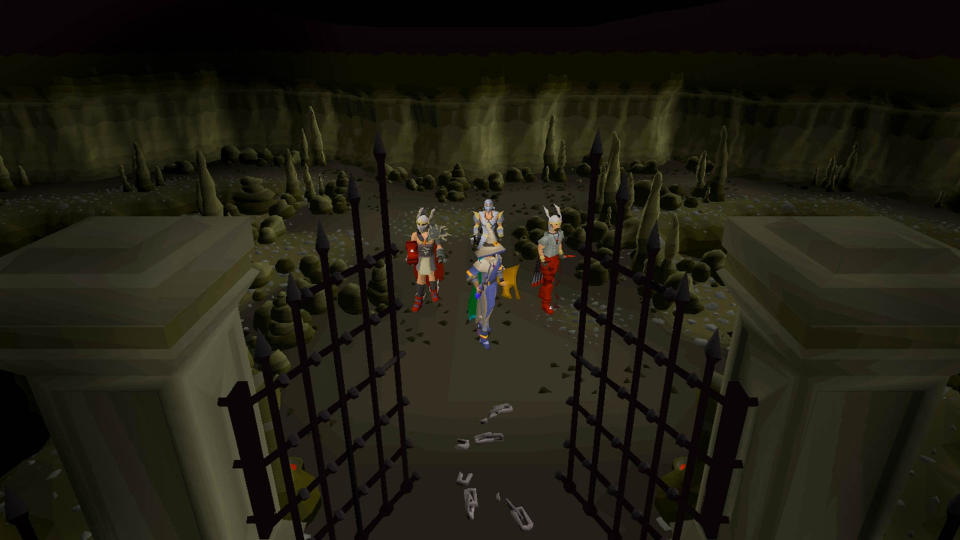 OldSchool Runescape screenshot showing four players entering a graveyard