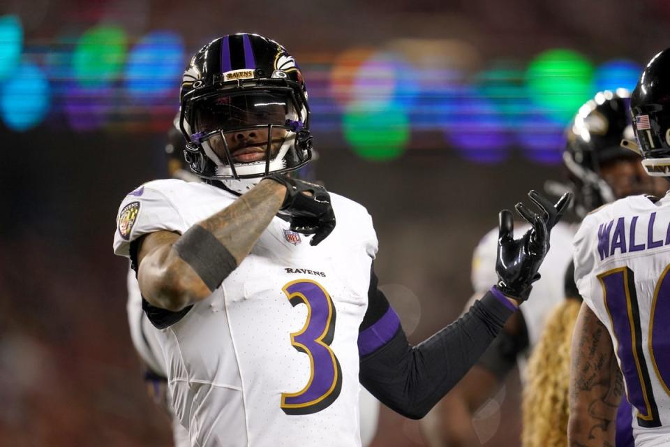 Dec 25, 2023; Santa Clara, California, USA; Baltimore Ravens wide receiver Odell Beckham Jr. (3) reacts against the San Francisco 49ers in the third quarter at Levi’s Stadium. Mandatory Credit: Cary Edmondson-USA TODAY Sports