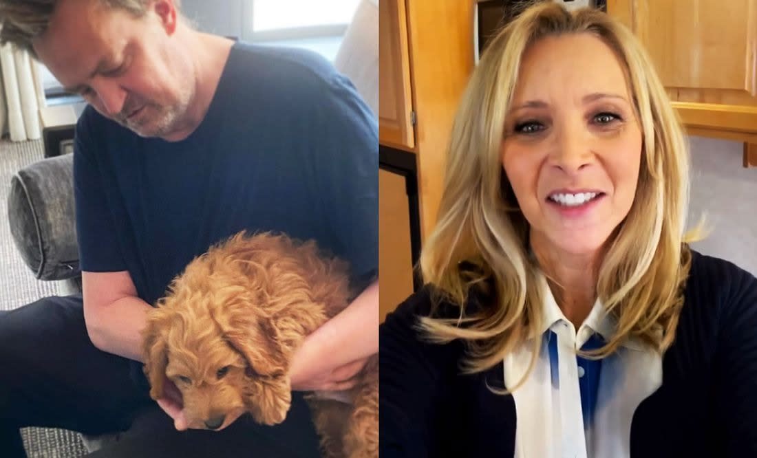 Matthew Perry con su perrito y Lisa Kudrow su compañera en Friends