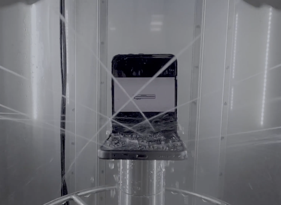 Samsung blasts its Z Flip5 and Z Fold5 with high-pressure water, a hose, and drops it in 5 feet of water for 30 minutes to test its durability. (Image: Samsung)