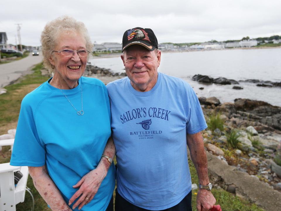 Patricia and Richard Hathaway honeymooned at York Beach 60 years ago and they have returned to Short Sands Beach to celebrate their diamond anniversary.