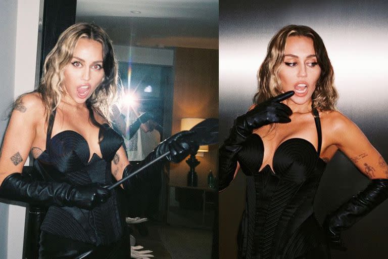 Con guantes incluidos, la artista posó con un look total black (Foto Instagram @mileycyrus)