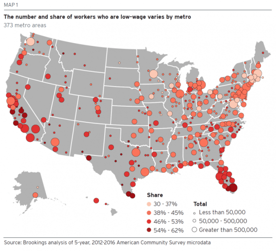 Map of low-wage prevalence in US cities (Brookings Institute)