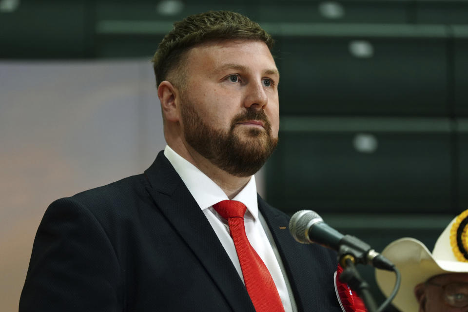 Labour candidate Chris Webb celebrates after winning the Blackpool South by-election following the count at Blackpool Sports Centre in Blackpool, Britain, Friday, May 3, 2024. (Peter Byrne/PA via AP)