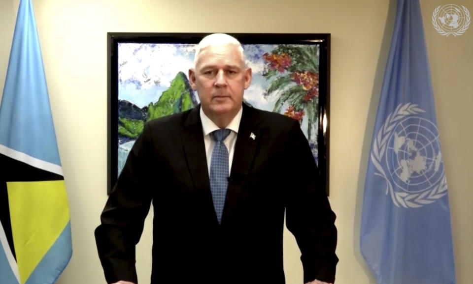 In this image made from UNTV video, Allen Michael Chastanet, Prime Minister of Saint Lucia, speaks in a pre-recorded message which was played during the 75th session of the United Nations General Assembly, Saturday, Sept. 26, 2020, at U.N. headquarters. (UNTV via AP)