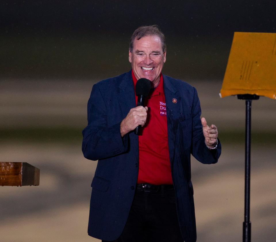 Congressman Neal Dunn speaks before Vice President Mike Pence arrives at a "Make America Great Again" rally held at the Tallahassee International Airport on Saturday, Oct. 24, 2020.