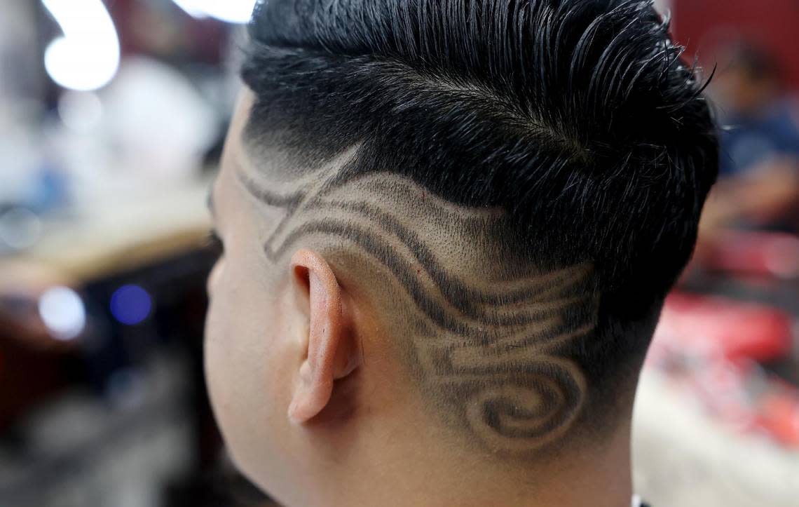 A free-hand design from George The Classic Barber stylist Jordan Ortega on Thursday, August 11, 2022, in Fort Worth.