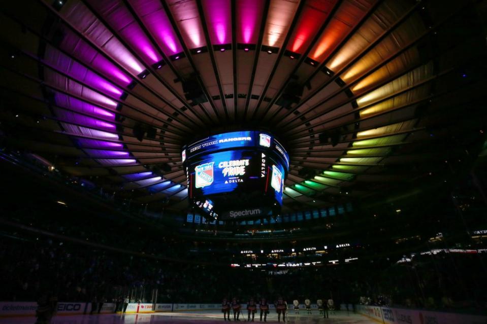 Rainbow colored lights are projected onto the ceiling of Madison Square Garden to celebrate Pride Night before a game between the New York Rangers and the Los Angeles Kings on January 24, 2022. Getty Images