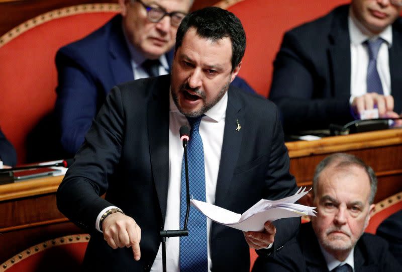 Leader of Italy's far-right party Matteo Salvini gestures at the Senate ahead of a vote on whether to pursue an investigation against him that could give rise to a trial for alleged kidnapping of migrants, in Rome