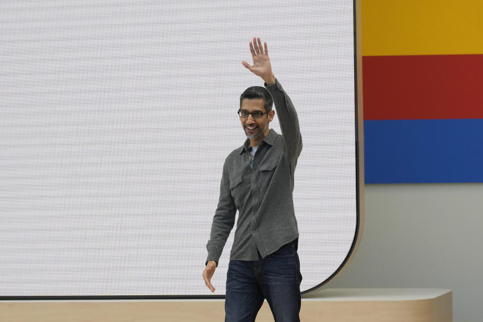 Alphabet CEO Sundar Pichai waves during a Google I/O event in Mountain View, California, Tuesday, May 14, 2024. (AP Photo/Jeff Chiu)