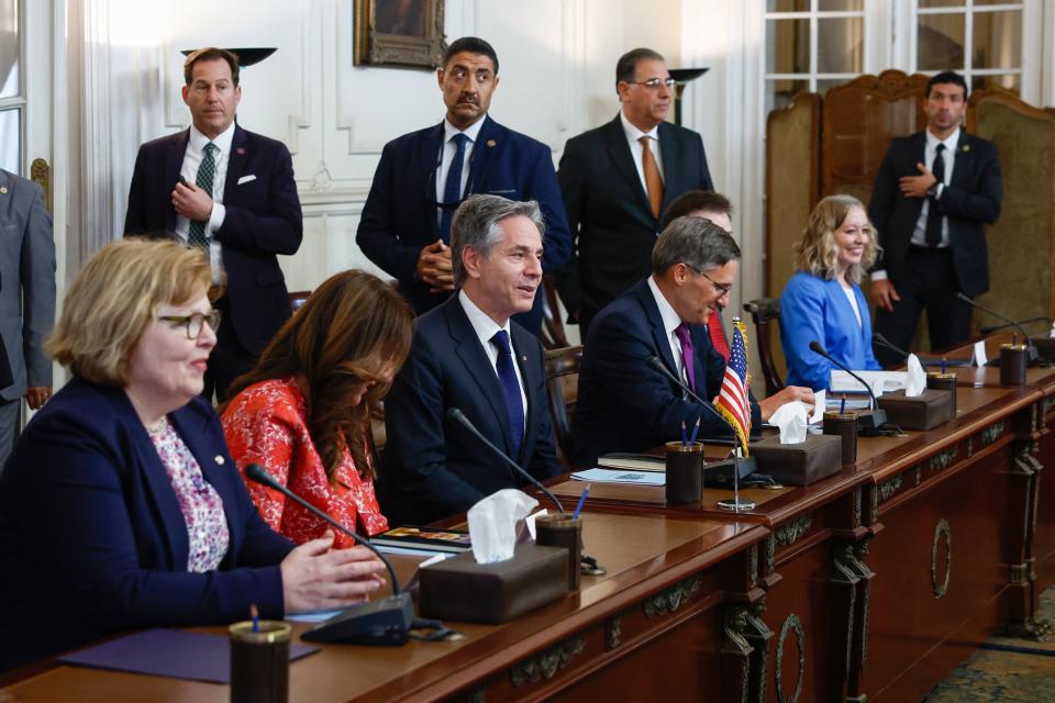 US Secretary of State Antony Blinken (C) attends a meeting with Egypt's Foreign Minister (not pictured) in Cairo on March 21, 2024.