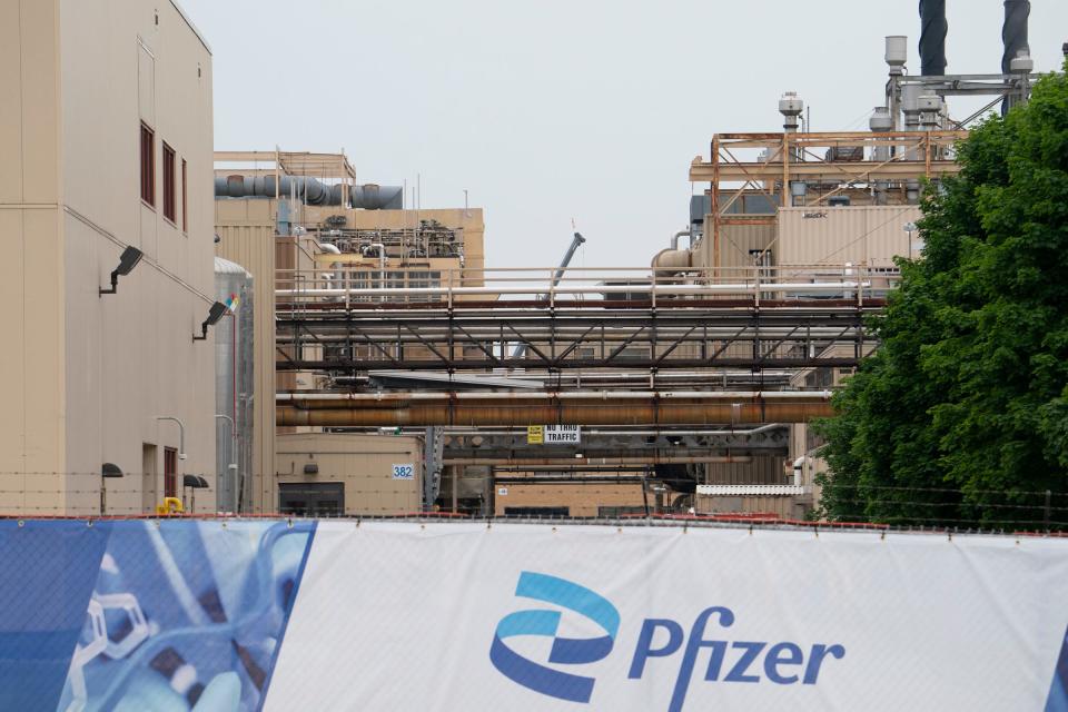 A limited exterior view of Pfizer photographed after a press conference where major announcements were made by company officials Monday, June 6, 2022 in Portage.