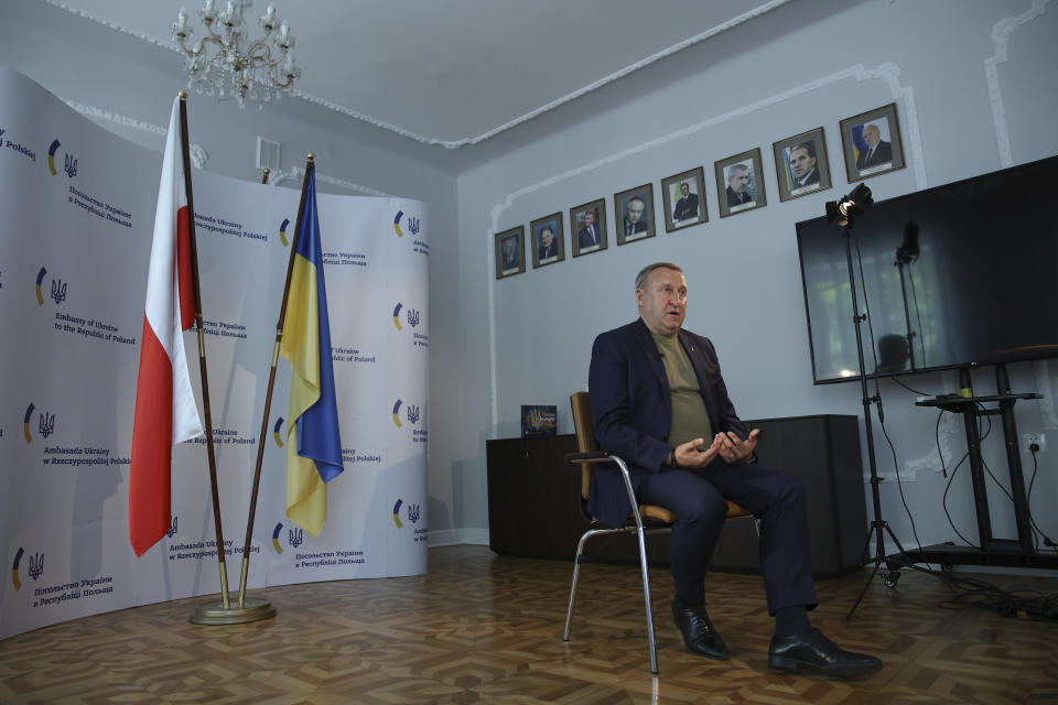 Ukrainian Ambassador to Poland, Andrii Deshchytsia, speaks during an interview with The Associated Press in Warsaw, Poland, Friday, May 20, 2022. Ukraine's ambassador to neighboring Poland says his country is grateful for the welcome that Poles have given to millions of Ukrainians, but hopes the European Union will soon release billions of euros to Poland so that helping those fleeing the war does not come “at the cost of the Polish people.” Ambassador Andrii Deshchytsia said that while there have been no real social tensions in the three months since Ukrainians began crossing into Poland seeking safety, he worries they could appear in the future given how much Poland has done. (AP Photo/Michal Dyjuk)