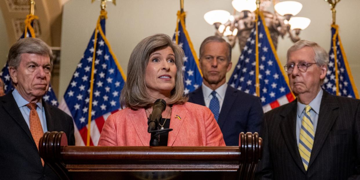 Republican Sen. Joni Ernst of Iowa, a member of party leadership who voted to back the new law, speaks at a press conference on Capitol Hill on June 22, 2022.