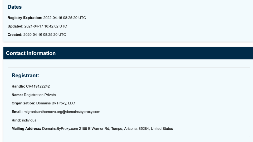 Online records showing the Home Office’s ‘On The Move’ website uses a private domain registration (ICANN lookup)