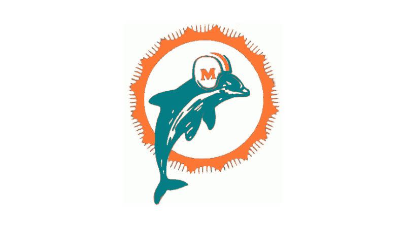 Miami Dolphins logo from 1966, depicting a leaping dolphin wearing a football helmet in front of a sun shape.