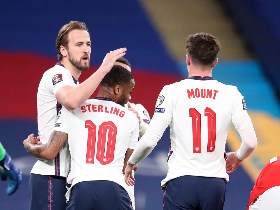 Harry Kane, Raheem Sterling and Mason Mount of England (PA)