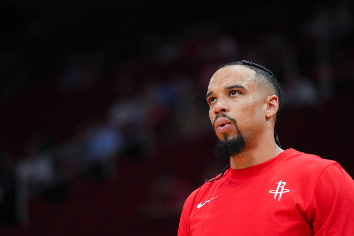 HOUSTON, TEXAS - OCTOBER 10: Dillon Brooks #9 of the Houston Rockets looks on prior to the preseason game against the Indiana Pacers at Toyota Center on October 10, 2023 in Houston, Texas. NOTE TO USER: User expressly acknowledges and agrees that, by downloading and or using this photograph, User is consenting to the terms and conditions of the Getty Images License Agreement. (Photo by Alex Bierens de Haan/Getty Images)