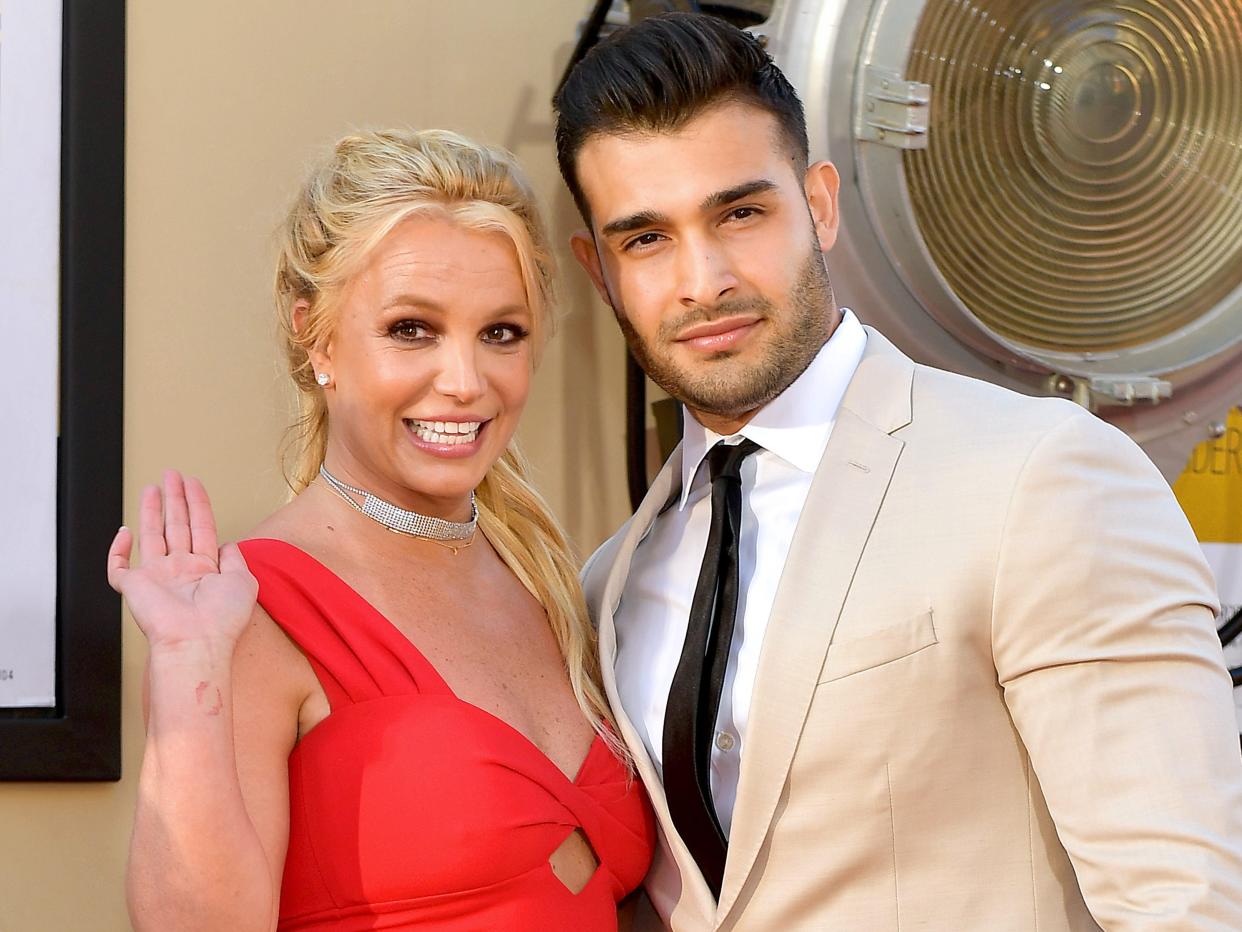Britney Spears and Sam Asghari attend Sony Pictures' "Once Upon A Time...In Hollywood" Los Angeles Premiere on July 22, 2019 in Hollywood, California.
