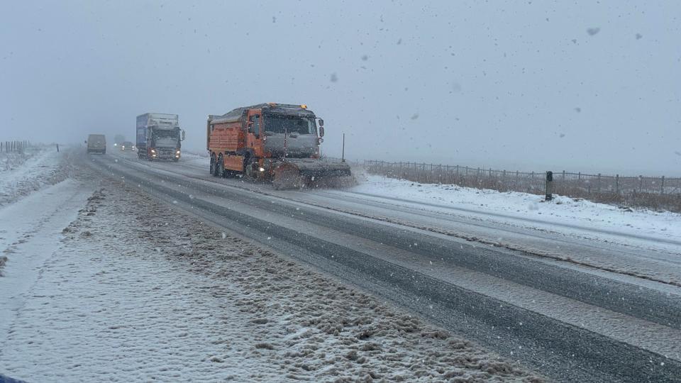 A snow plough on Woodhead Pass, near Dunford Bridge, South Yorkshire. (PA)