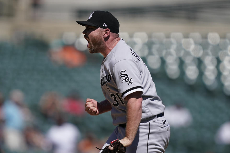 Chicago White Sox relief pitcher Liam Hendriks reacts after the last out during the ninth inning of a baseball game against the Detroit Tigers, Sunday, June 13, 2021, in Detroit. (AP Photo/Carlos Osorio)