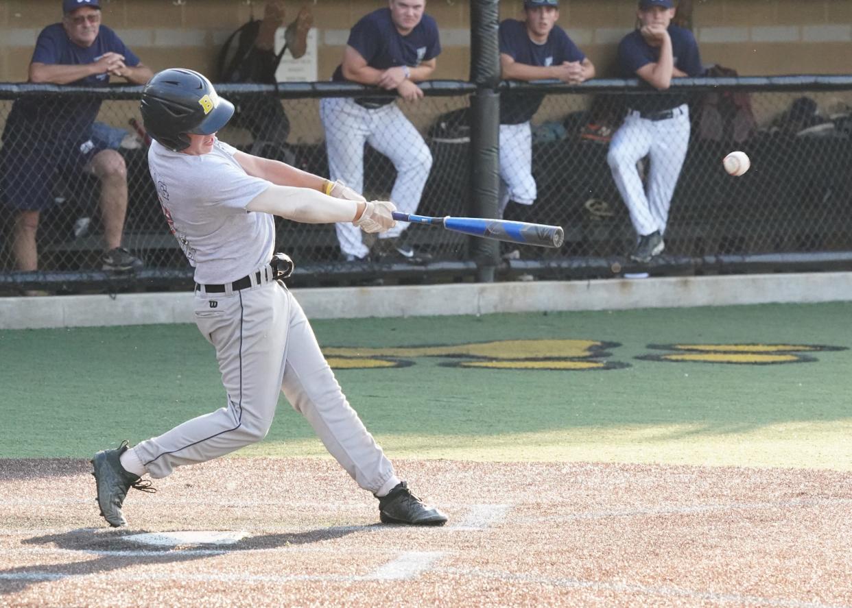 Blissfield Post 325's Landon Duvall gets a hit during Wednesday's American Legion game at Nicolay Field against Adrian Post 275.