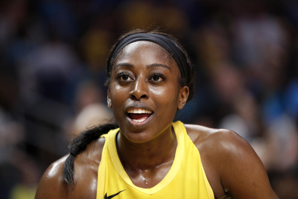 LOS ANGELES, CALIFORNIA - JULY 18: Forward Chiney Ogwumike #13 of the Los Angeles Sparks is interviewed after a win over the Dallas Wings at Staples Center on July 18, 2019 in Los Angeles, California. NOTE TO USER: User expressly acknowledges and agrees that, by downloading and or using this photograph, User is consenting to the terms and conditions of the Getty Images License Agreement. (Photo by Meg Oliphant/Getty Images)