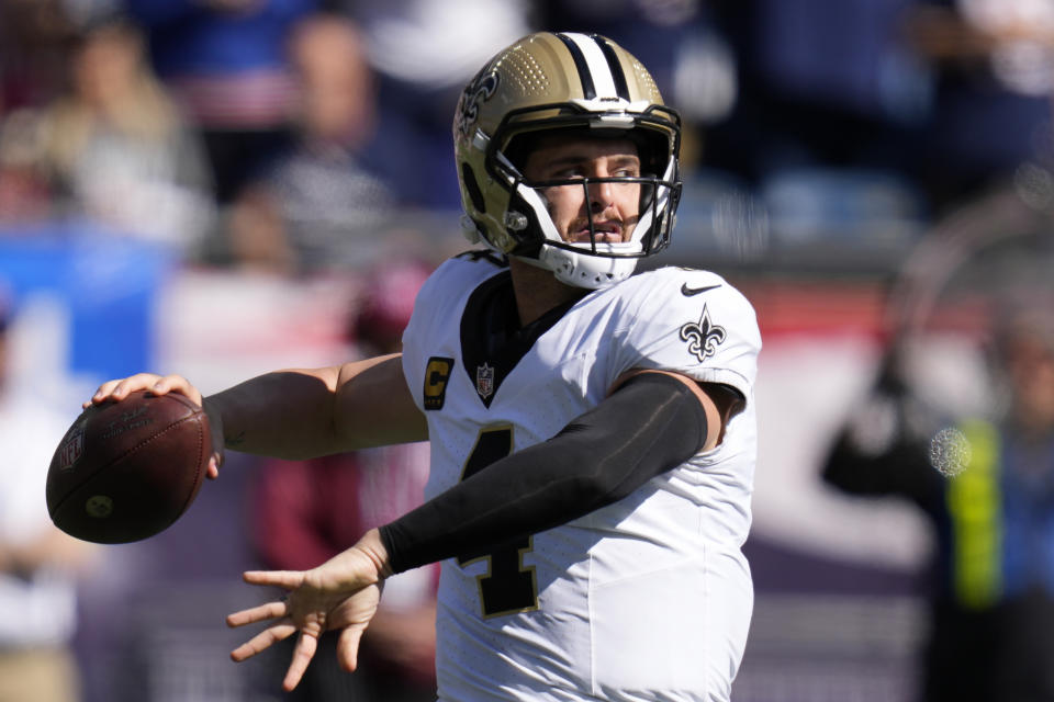 New Orleans Saints quarterback Derek Carr looks to pass the ball during the first half of an NFL football game against the New England Patriots, Sunday, Oct. 8, 2023, in Foxborough, Mass. (AP Photo/Charles Krupa)
