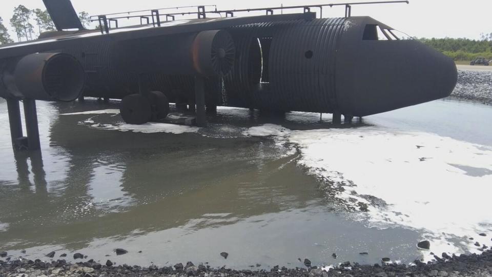 PHOTO: Fluorine-free foam used in a demonstration at Tyndall Air Force Base does not contain PFAS chemicals. It will be deployed at military airfields worldwide in the next few years. (ABC News)