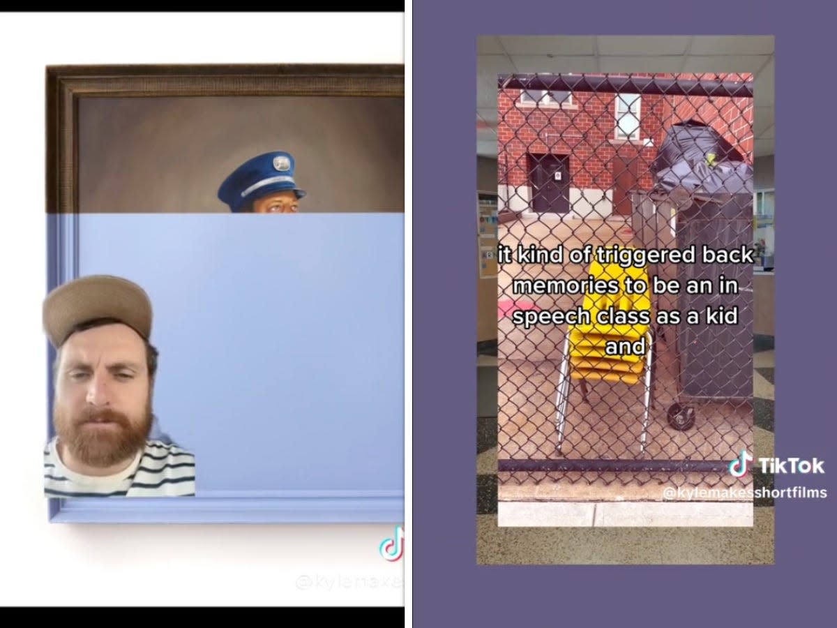 composite screenshots from @kylemakesshortfilms showing McCarthy on the left in front of a greenscreen of an Oliver Jeffers painting. On the left, a screenshot of a fence and plastic chairs.
