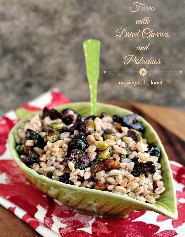 <strong>Get the <a href="https://www.cravingsofalunatic.com/farro-with-dried-cherries-and-pistachios/" target="_blank">Farro with Dried Cherries and Pistachios&nbsp;</a></strong><strong><a href="https://www.cravingsofalunatic.com/farro-with-dried-cherries-and-pistachios/" target="_blank">recipe</a>&nbsp;from&nbsp;Cravings of a Lunatic</strong>