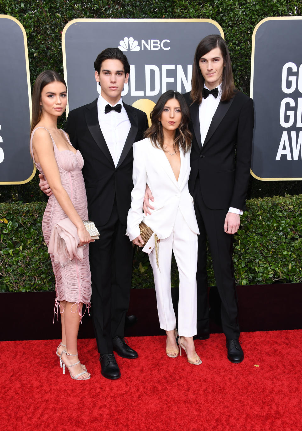 BEVERLY HILLS, CALIFORNIA - JANUARY 05: (L-R) Paris Brosnan (2ndL) and brother Dylan Brosnan and girlfriends attend the 77th Annual Golden Globe Awards at The Beverly Hilton Hotel on January 05, 2020 in Beverly Hills, California. (Photo by Jon Kopaloff/Getty Images)