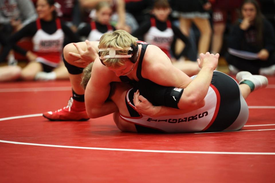 Roland-Story's Hesston Johnson defeated Gilbert's Hank Johnson by a 12-0 major decision on his way to placing third at 170 pounds during the Jim Kinyon Invitational in Story City Saturday.