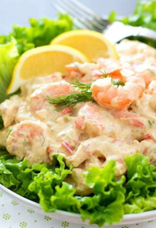 <p>Melissa's Southern Style Kitchen</p><p>Tender cooked shrimp is dressed with a creamy homemade lemon dill dressing.</p><p><strong>Get the recipe:</strong> <a href="https://www.melissassouthernstylekitchen.com/kickin-shrimp-salad/" rel="nofollow noopener" target="_blank" data-ylk="slk:Kickin' Shrimp Salad;elm:context_link;itc:0;sec:content-canvas" class="link "><strong>Kickin' Shrimp Salad</strong></a></p>