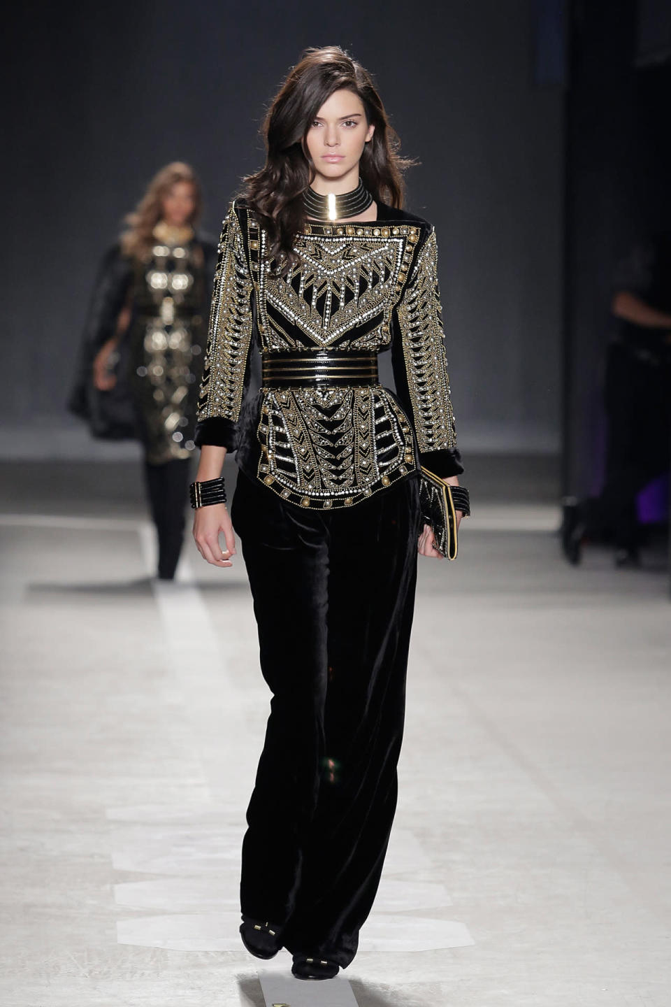 Kendall Jenner struts the runway at the Balmain x H&M show. 