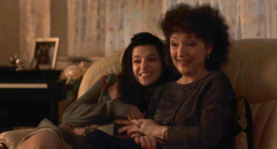 Marisa Abela as Amy Winehouse and Lesley Manville as Cynthia Winehouse in "Back to Black."