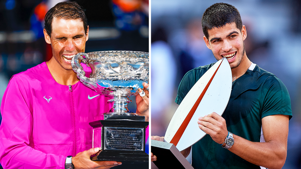 Carlos Alcaraz (pictured right) biting his Madrid Open trophy and (pictured left) Rafa Nadal biting the Australian Open trophy.