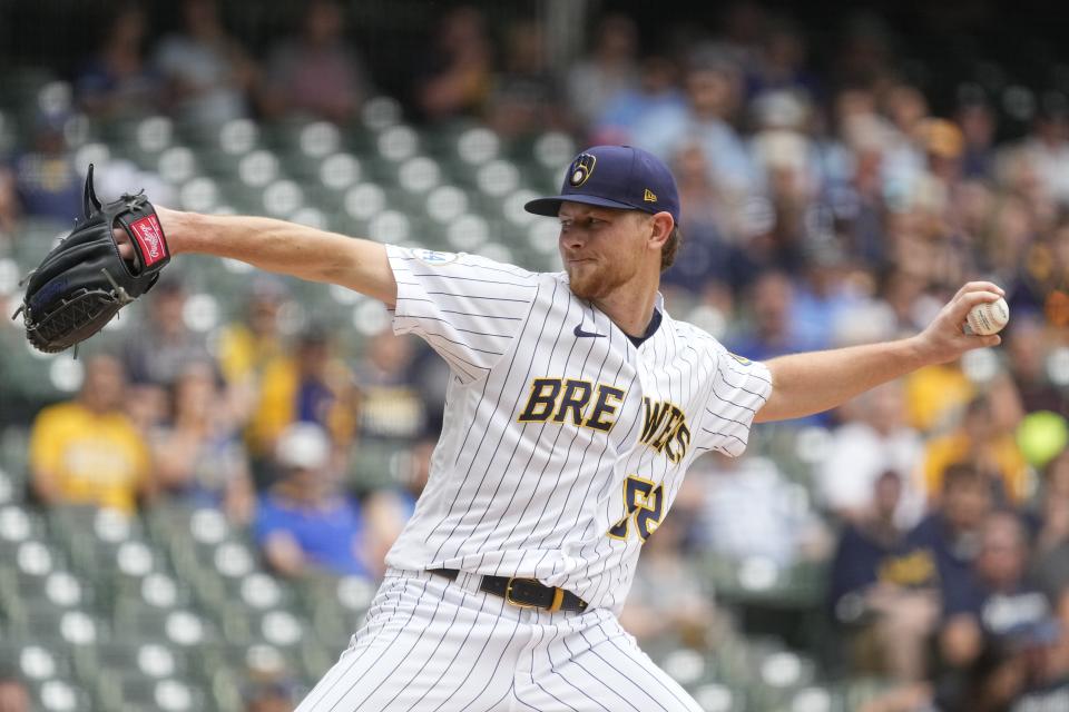 Milwaukee Brewers starting pitcher Eric Lauer throws during the first inning of a baseball game against the Colorado Rockies Sunday, June 27, 2021, in Milwaukee. (AP Photo/Morry Gash)