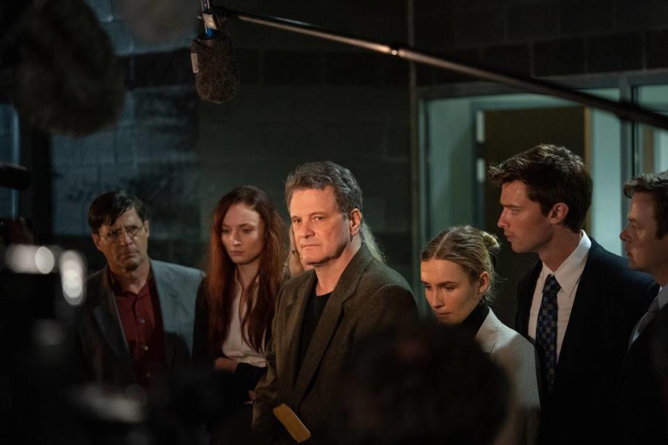 From the HBO limited series “The Staircase”: Tim Guinee as Bill Peterson, Sophie Turner as Margaret Ratliff, Colin Firth as Michael Peterson, Olivia DeJonge as Caitlin Atwater and Patrick Schwarzenegger as Todd Peterson.